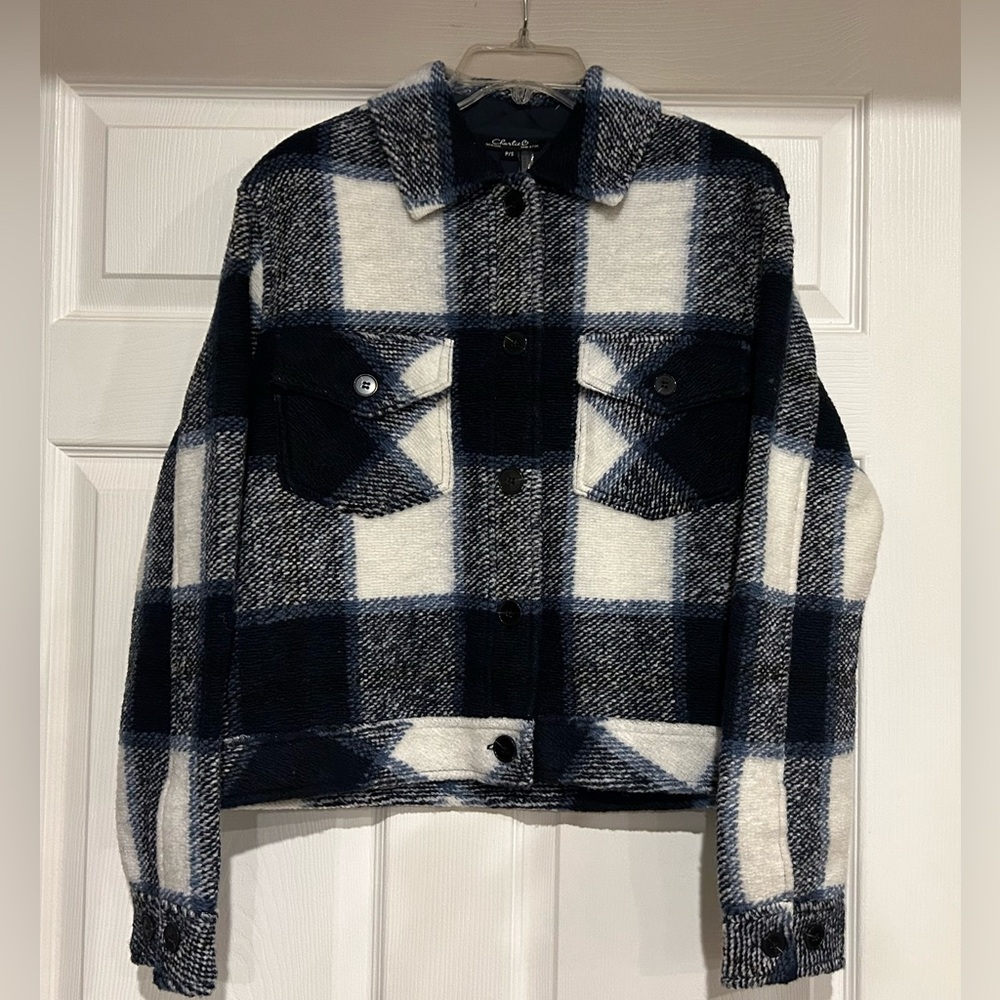 Charlie B Navy & White Women’s Short Plaid Boiled Wool Jacket NWT
